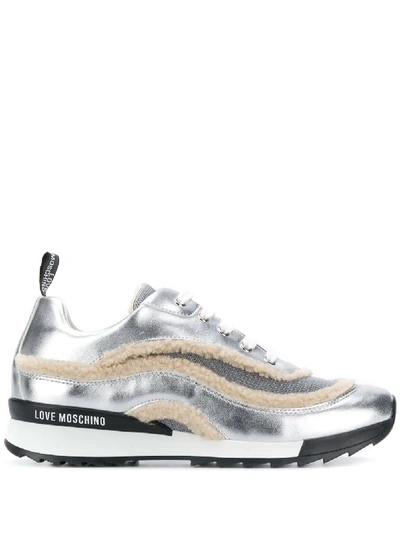 Love Moschino Metallic Low Top Trainers In Silver