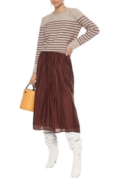 Mes Demoiselles Chaton Gathered Striped Silk-habotai Midi Skirt In Burgundy