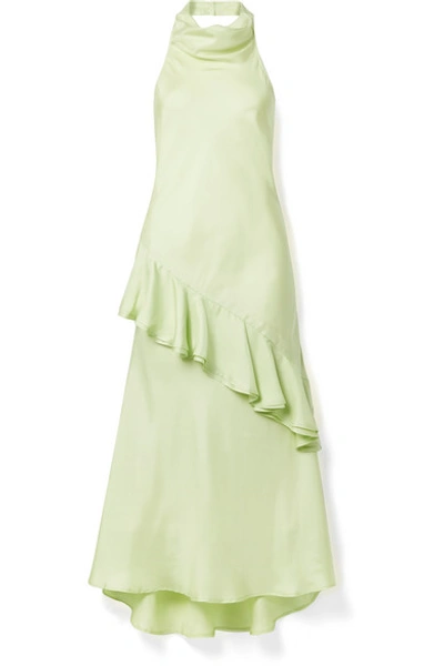 Maggie Marilyn + Net Sustain Palm Springs Draped Ruffled Silk-satin Twill Midi Dress In Light Green