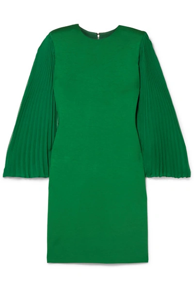 Alice And Olivia Zaya Plissé-georgette And Jersey Mini Dress In Forest Green