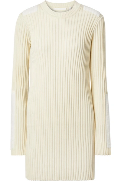 Helmut Lang Velvet-trimmed Ribbed Cotton And Cashmere-blend Mini Dress In Cream