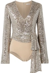 REEM ACRA TIE-FRONT SEQUIN-EMBELLISHED TULLE AND STRETCH-JERSEY BODYSUIT
