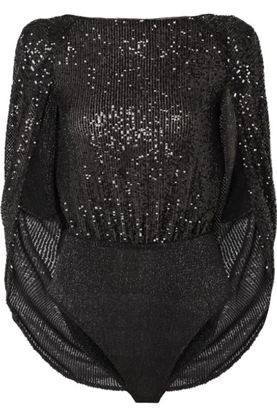 Talbot Runhof Tasashi Cape-effect Sequined Metallic Tulle Bodysuit In Black