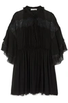 CHLOÉ LACE-PANELED RUFFLED PLISSÉ-SILK GEORGETTE MINI DRESS