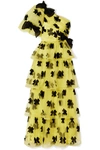 RODARTE ONE-SHOULDER BOW-DETAILED TIERED PRINTED TULLE GOWN