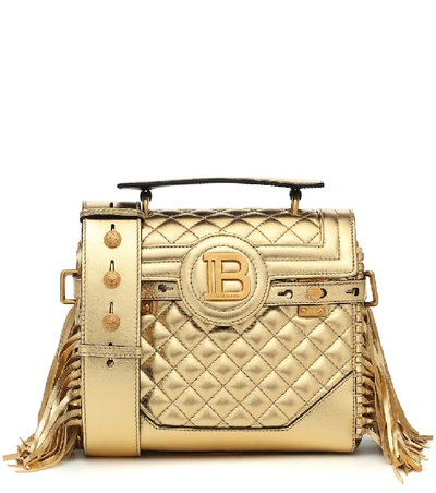 Balmain B-buzz Fringe Quilted Metallic Leather Satchel In Gold