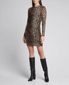 Ganni Ruched Leopard-print Stretch-mesh Mini Dress In Leopard
