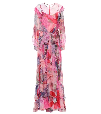 Valentino Floral-print Ruffled Belted Chiffon Gown In Multicolored
