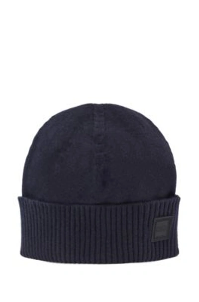 Hugo Boss Beanie Hat With Turnback Ribbed Hem In Dark Blue