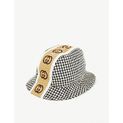 Gucci Gg-intarsia Stripe Houndstooth Bucket Hat In Brown