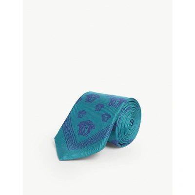 Versace Medusa Logo Silk Tie In Blue Green