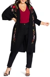 City Chic Winter Zen Floral Embroidery Open Long Jacket In Black
