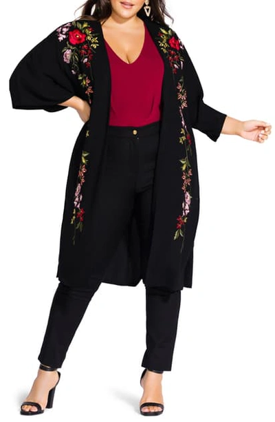 City Chic Winter Zen Floral Embroidery Open Long Jacket In Black