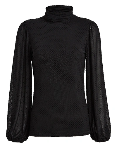 Ganni Dotted Mesh Turtleneck Long-sleeve Blouse In Black