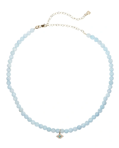 Sydney Evan Aquamarine Evil Eye Choker In Blue/gold