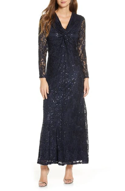 Tahari Long Sleeve Sequin Lace Gown In Navy