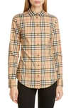 Burberry Vintage Check Stretch Cotton Oversized Shirt In Brown