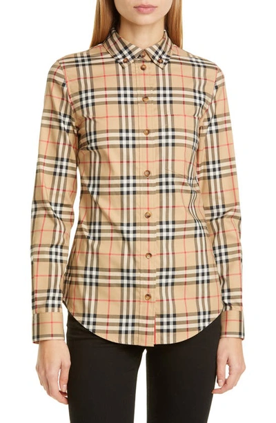 Burberry Vintage Check Stretch Cotton Oversized Shirt In Brown