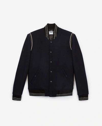 The Kooples Orione Leather-trimmed Varsity Jacket In Navy