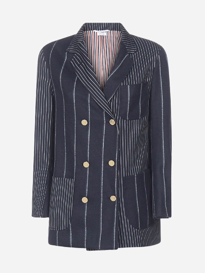 Thom Browne Striped Wool Double-breasted Blazer In Navy