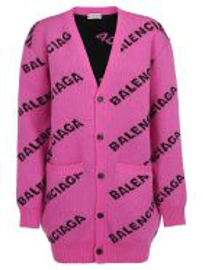 Balenciaga Intarsia Wool-blend Cardigan In Pink/black
