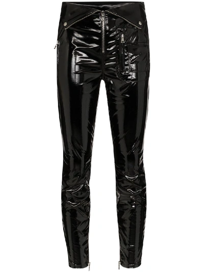 Rta Alastair Belted Patent-leather Slim-leg Trousers In Black