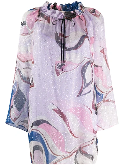Pucci Peony Print Ruffled Neck Blouse In Blue