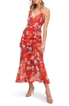 Astr Mariah Ruched Floral Print Midi Dress In Red/ White Floral
