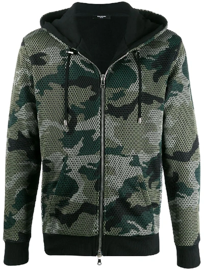 Balmain Camouflage Mesh Zipped Hoodie In Green,brown,black