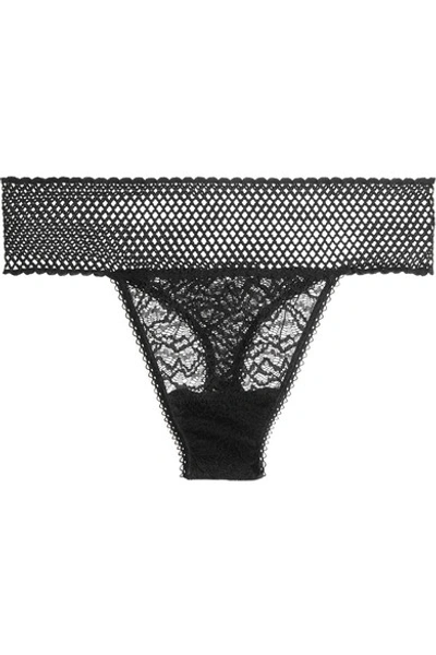 Else Arya Stretch-mesh And Corded Lace Thong In Black