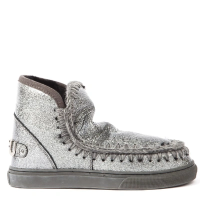 Mou Eskimo Silver Glitter Leather Sneaker Ankle Boot  <br> In Grey