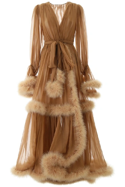Dolce & Gabbana Feather Trim Flounce Draped Gown In Brown