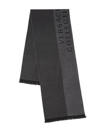Versace Fringed Logo Scarf In Black Grey