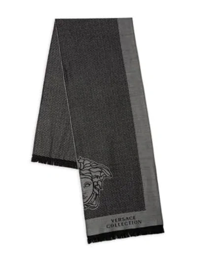 Versace Fringed Logo Wool-blend Scarf In Grey