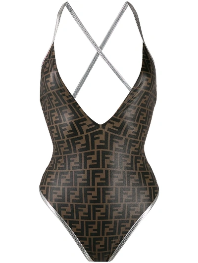 Fendi Allover Logo V-neck One-piece Swimsuit In Black