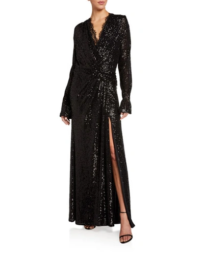 Jonathan Simkhai Sequin Embroidered Long Sleeve Draped Front Gown In Black