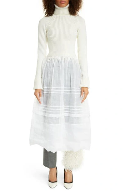 Loewe Rib Wool & Cotton Organdy Long Sleeve Midi Dress In White