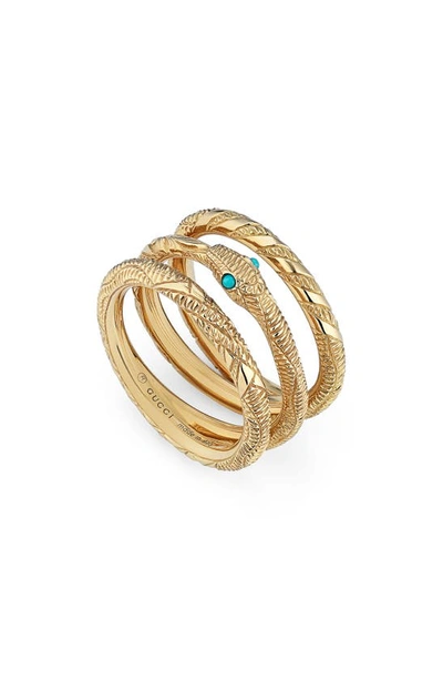 Gucci Ouroboros Set Of 3 Stacking Rings In Yellow Gold/ Turquoise