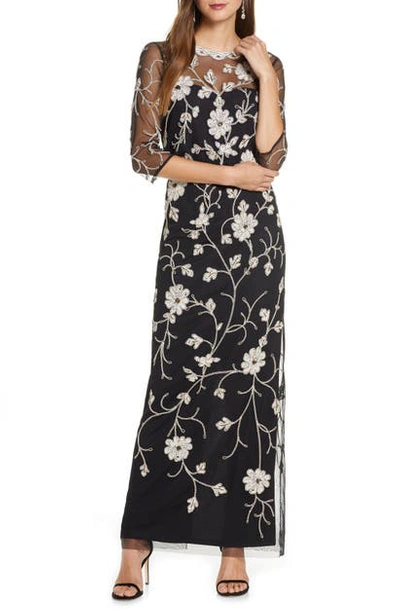 Js Collections Beaded & Embroidered Column Gown In Black Ivory Gold