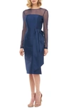 KAY UNGER ILLUSION NECK LONG SLEEVE MIKADO COCKTAIL DRESS,5511224