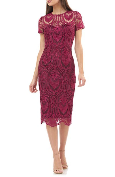 Js Collections Embroidered Lace Cocktail Dress In Cabernet