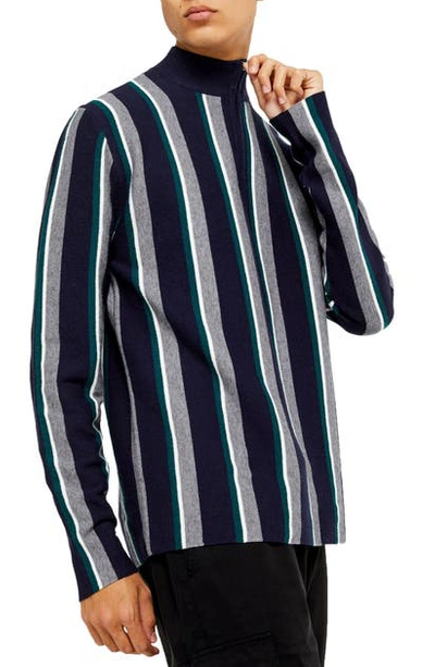 Topman Stripe Mock Neck Quarter Zip Sweater In Navy Multi