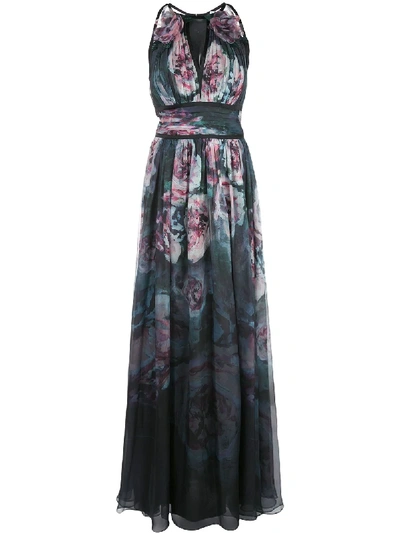 Marchesa Notte Floral Evening Gown In 蓝色