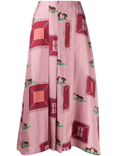 Victoria Beckham Horses Print Pleated Silk Skirt In Pink
