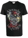 Alexander Mcqueen Floral-skull Logo-print Cotton T-shirt In Black