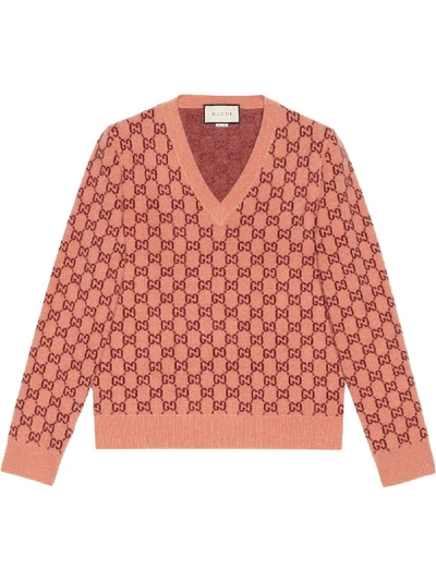 Gucci Gg Monogram Felted-wool Blend V-neck Sweater In Pink