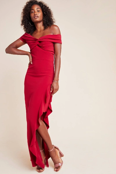 Shoshanna Asymmetric Ruffle Off-the-shoulder Gown In Crimson