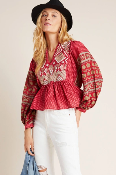 Anthropologie Keira Embroidered Peplum Blouse In Assorted