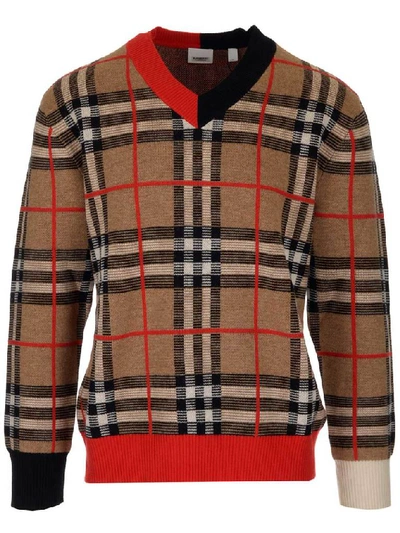 Burberry Duggan Check V-neck Sweater In Beige