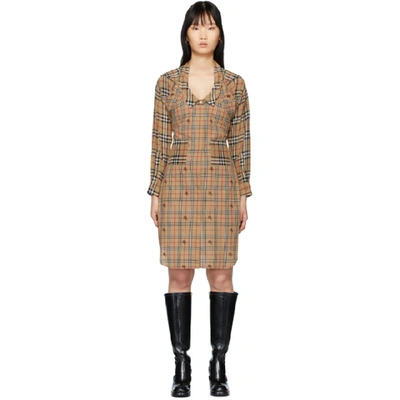 Burberry Vintage Check Silk And Cotton Shirt Dress In Beige,black,red